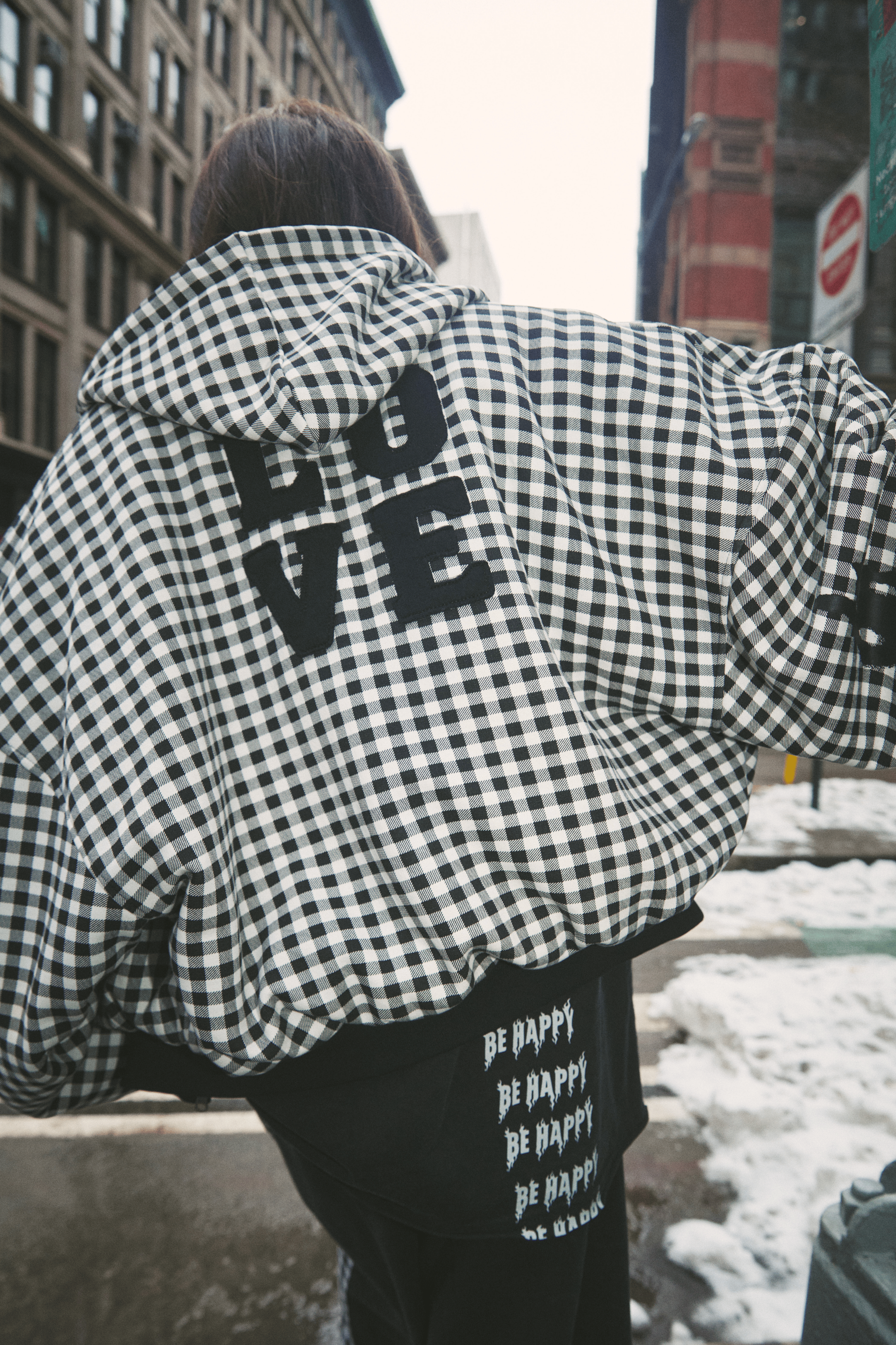 THE BE HAPPY GINGHAM PADDED BOMBER