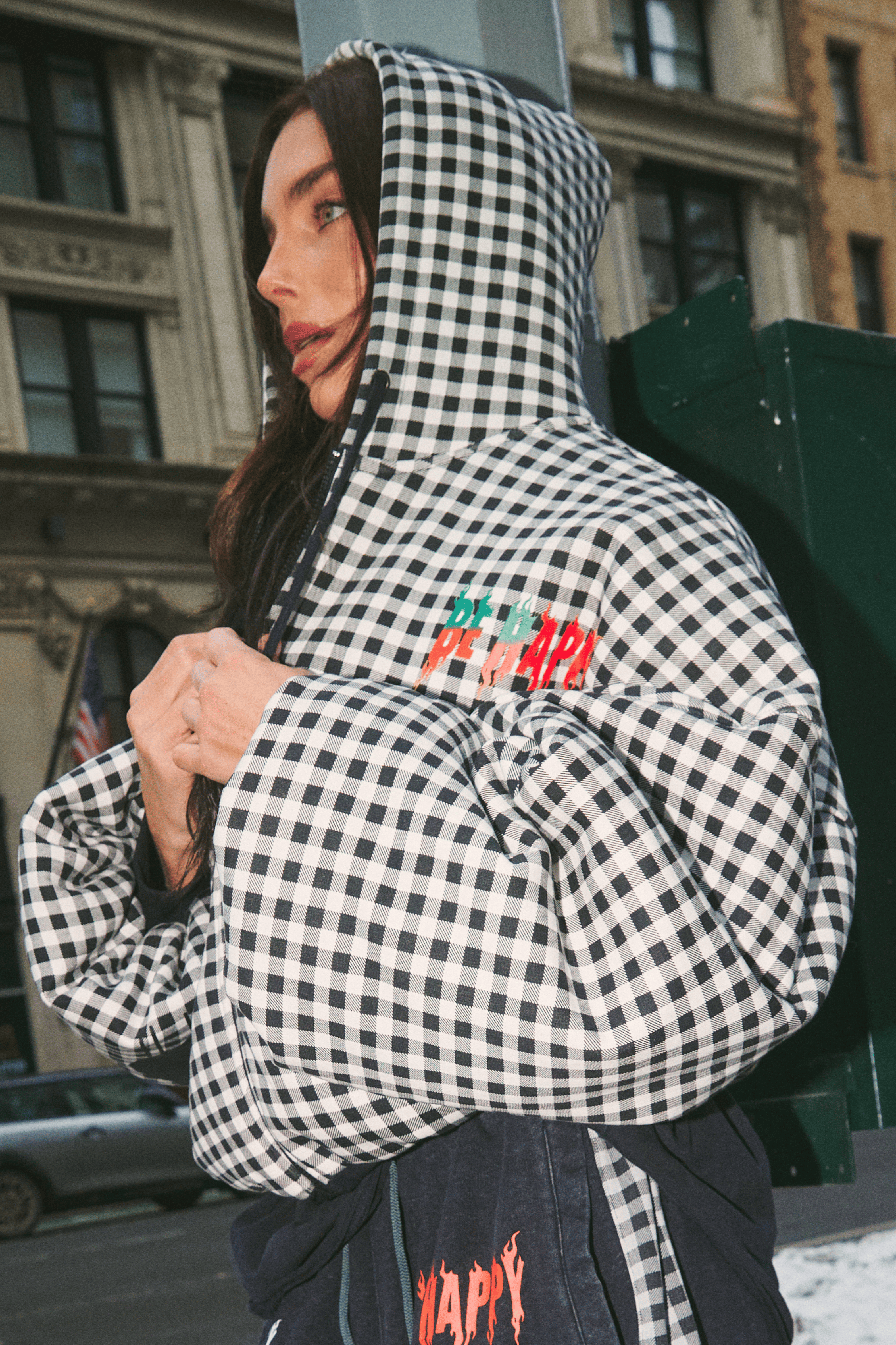 THE BE HAPPY GINGHAM PADDED BOMBER